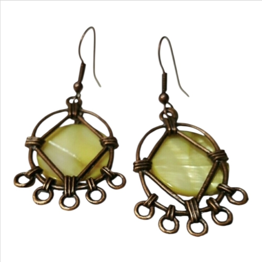 Samanth Yellowish Marbled Disc In Bronze Setting 3/4" Around Drop 2-1/4" L.